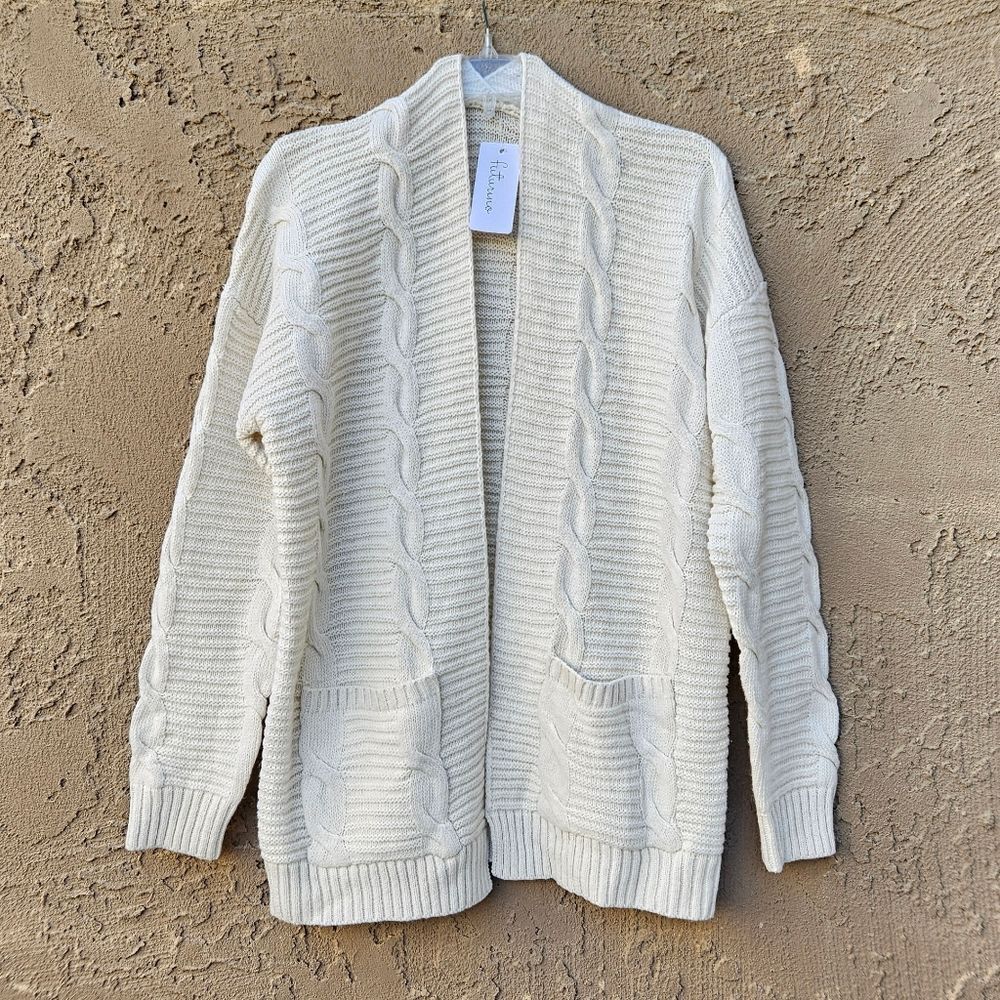 Futurino Cream Chunk Cable Knit Open Front Cardigan With Pockets Size L